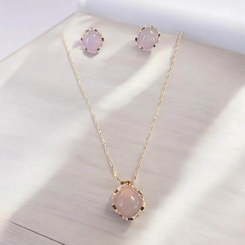 Reserved Genuine Lavender Quartz Pierced Earrings & Pendant Set, Gold Tone - Picture 1 of 2